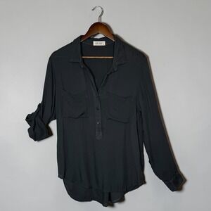 Bella Dahl Popover Shirt Gray Relaxed Fit Roll Tab Sleeves size Medium